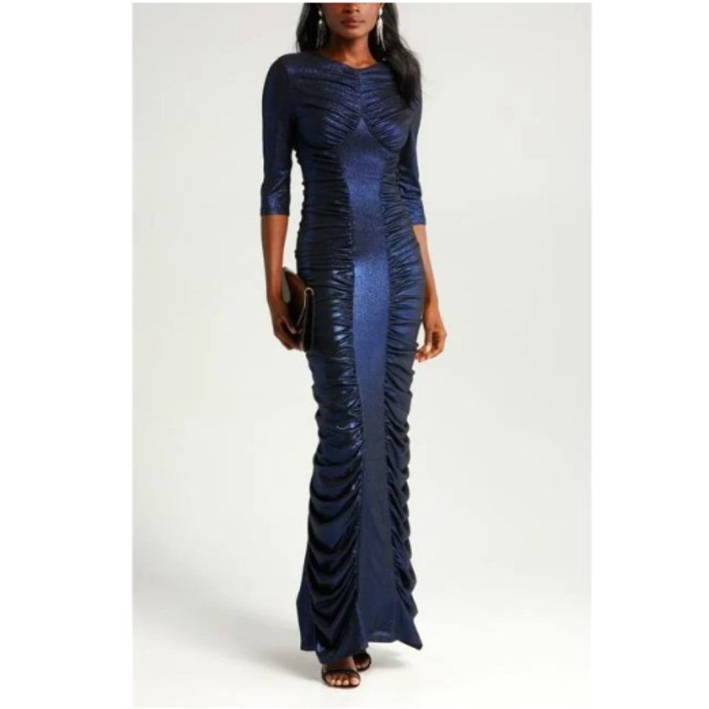 Amazing Black Halo Orion Blue Mari Ruched Metallic Gown Sz 14